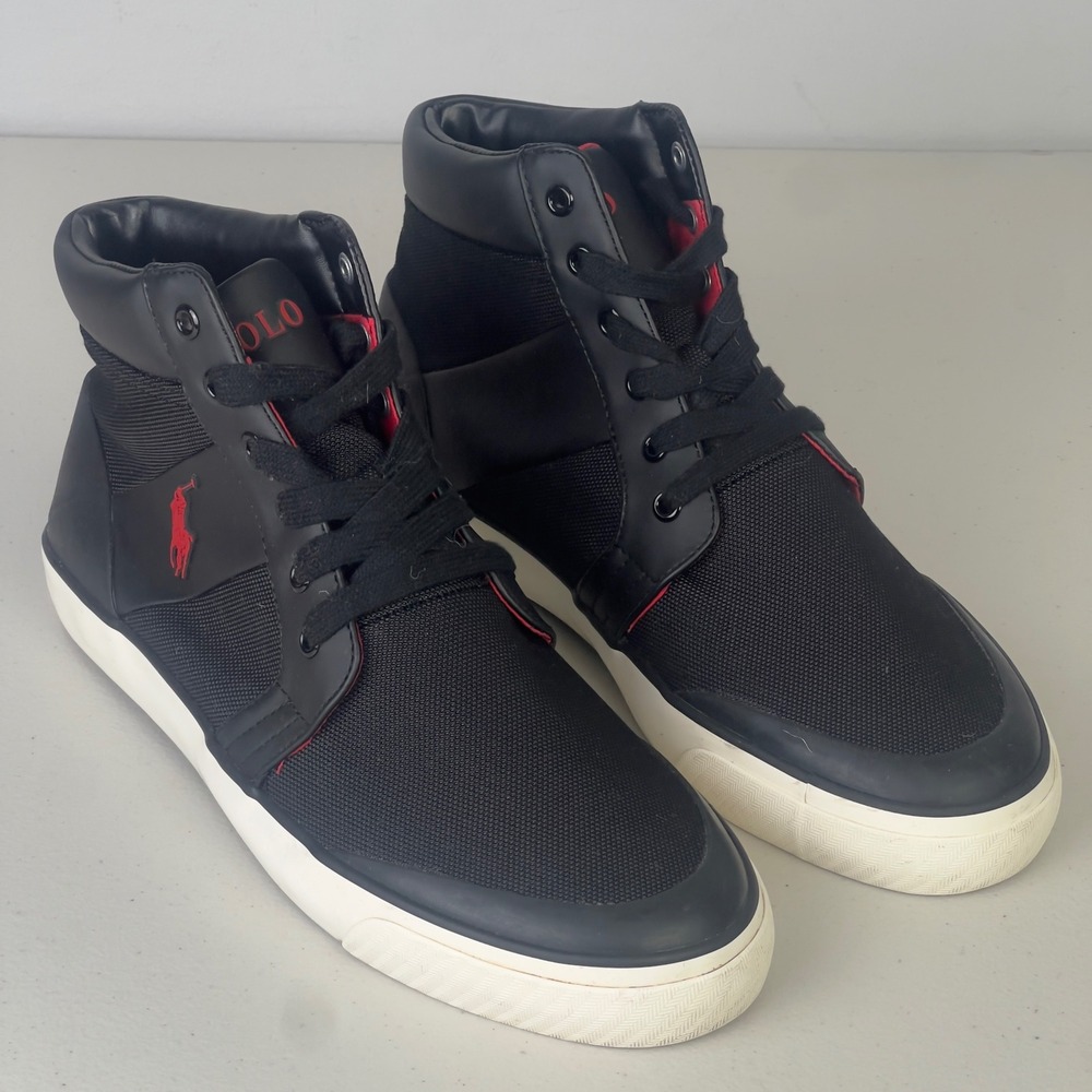 Polo Ralph Lauren Isaak Sneakers Mens 10.5D Black Red Excellent High Top Lace Up
